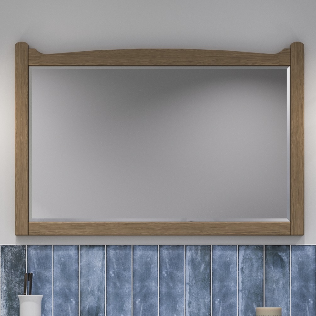 product lifestyle image of Burlington Guild Light Oak 850mm x 570mm Bathroom Mirror with blue tiles underneath GU8557LOK